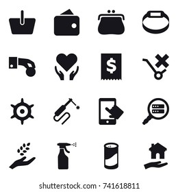 16 vector icon set : basket, wallet, purse, smart bracelet, hand coin, handwheel, harvest, sprayer, cleanser powder, housing