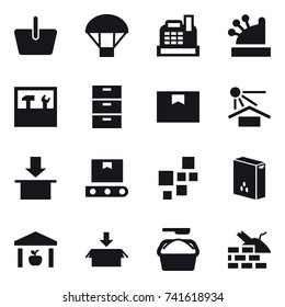 16 vector icon set : basket, parachute, cashbox, tools, warehouse, package, washing powder, construct garbage