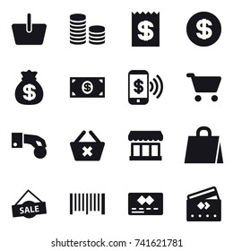16 vector icon set : basket, coin stack, receipt, dollar, money bag, money, phone pay, cart, hand coin, delete cart, market, shopping bag, sale, barcode, credit card