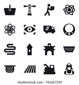 16 vector icon set : basket, lighthouse, courier, atom, eye identity, delivery, necklace, tower, arch, kolander, colander, field, harvester, cleaner