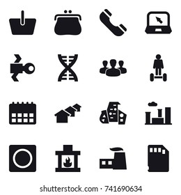 16 vector icon set : basket, purse, phone, notebook, satellite, dna, group, hoverboard, houses, modern architecture, city, ring button, fireplace