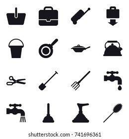 16 vector icon set : basket, portfolio, suitcase, baggage get, bucket, pan, kettle, scissors, shovel, fork, water tap, plunger, duster