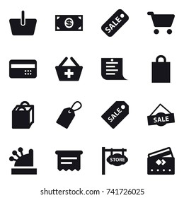 16 vector icon set : basket, money, sale, cart, credit card, add to basket, shopping list, shopping bag, label, sale label, cashbox, atm receipt, store signboard