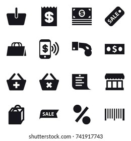 16 vector icon set : basket, receipt, money, sale, shopping bag, phone pay, hand coin, add to basket, delete cart, shopping list, market, percent, barcode