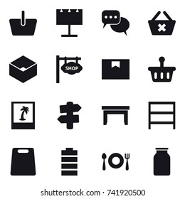 16 vector icon set : basket, billboard, discussion, delete cart, box, shop signboard, photo, signpost, table, rack, cutting board