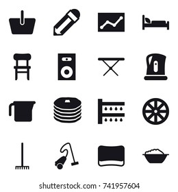 16 vector icon set : basket, pencil, statistic, chair, speaker, iron board, kettle, measuring cup, watering, wheel, rake, vacuum cleaner, sponge, foam basin