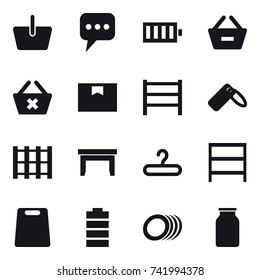 16 vector icon set : basket, message, battery, remove from basket, delete cart, table, hanger, rack, cutting board