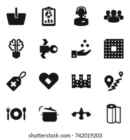 16 vector icon set : basket, report, call center, group, bulb brain, satellite, chamical industry, cpu, palace, cafe, steam pan, hard reach place cleaning, paper towel