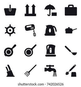 16 vector icon set : basket, suitcase iocn, handwheel, mixer, kettle, saute pan, pan, ladle, knife holder, fork, water tap, toilet brush