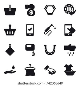 16 vector icon set : basket, money gift, hex molecule, mobile checking, rag, horseshoe, sow, hand and drop, hanger, wiping, handle washing