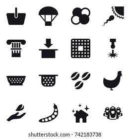 16 vector icon set : basket, parachute, atom core, column, kolander, colander, coffee seeds, chicken, hand leaf, peas, house cleaning, outsource