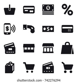 16 vector icon set : basket, card, money, percent, phone pay, hand coin, credit card, market, shopping bag, cart