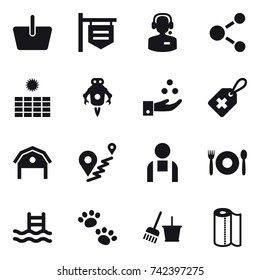 16 vector icon set : basket, shop signboard, call center, molecule, sun power, jet robot, chamical industry, barn, cafe, pool, pets, bucket and broom, paper towel