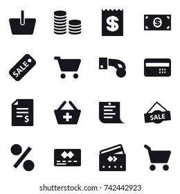 16 vector icon set : basket, coin stack, receipt, money, sale, cart, hand coin, credit card, account balance, add to basket, shopping list, percent