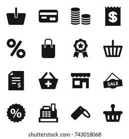 16 vector icon set : basket, card, coin stack, receipt, percent, shopping bag, medal, account balance, add to basket, shop, sale, cashbox