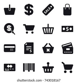 16 vector icon set : basket, dollar, sale, shopping bag, dollar arrow, cart, money, credit card, account balance, delete cart