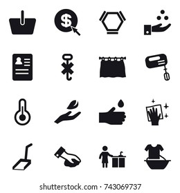 16 vector icon set : basket, dollar arrow, hex molecule, chamical industry, curtain, mixer, hand leaf, hand drop, wiping, scoop, kitchen cleaning, handle washing