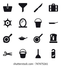 16 vector icon set : basket, funnel, suitcase, handwheel, mirror, bucket, pan, kettle, scissors, plunger, please clean
