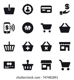 16 vector icon set : basket, target audience, card, investment, phone pay, crypto currency, cart, add to basket, delete cart, shop