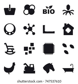 16 vector icon set : basket, atom core, bio, virus, necklace, ruler, smart house, rocking chair, seeds, chicken, harvester, horse, bath
