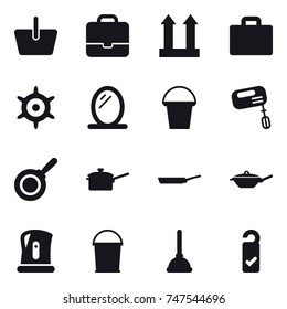 16 vector icon set : basket, portfolio, suitcase iocn, handwheel, mirror, bucket, mixer, pan, saute pan, kettle, plunger, please clean