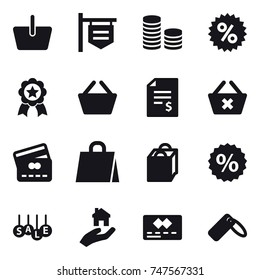 16 vector icon set : basket, shop signboard, coin stack, percent, medal, account balance, delete cart, credit card, shopping bag, sale, real estate