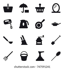 16 vector icon set : basket, mirror, mixer, kettle, pan, ladle, knife holder, hand mill, shovel, fork, bucket, plunger, duster