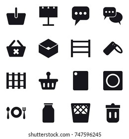 16 vector icon set : basket, billboard, message, discussion, delete cart, box, cutting board, ring button, trash bin