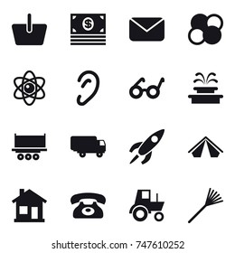 16 vector icon set : basket, money, mail, atom core, atom, fountain, tent, home, phone, tractor, rake