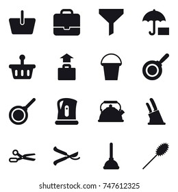 16 vector icon set : basket, portfolio, funnel, baggage, bucket, pan, kettle, knife holder, scissors, pruner, plunger, duster