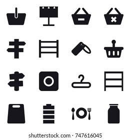 16 vector icon set : basket, billboard, remove from basket, delete cart, singlepost, signpost, ring button, hanger, rack, cutting board