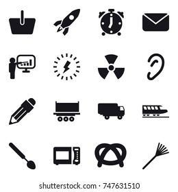 16 vector icon set : basket, rocket, alarm clock, mail, presentation, lightning, nuclear, pencil, train, big spoon, rake