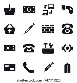 16 vector icon set : basket, money, notebook connect, hand coin, add to basket, brick wall, ticket, phone, repair tools, syringe, dry wash