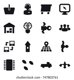 16 vector icon set : basket, call center, delivery, monitor arrow, warehouse, bulb brain, satellite, group, notebook connect, tower, seeds, pickup, hard reach place cleaning