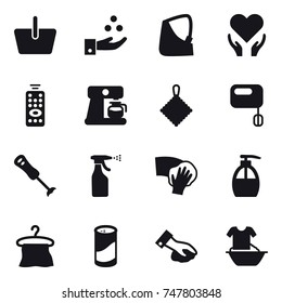 16 vector icon set : basket, chamical industry, remote control, coffee maker, rag, sprayer, wiping, liquid soap, hanger, cleanser powder, handle washing