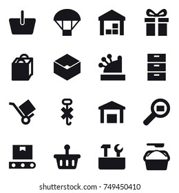 16 vector icon set : basket, parachute, warehouse, gift, shopping bag, box, cashbox, repair tools, washing powder