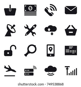 16 vector icon set : basket, money, call, mail, satellite antenna, pencil wrench, cloude service, remove from basket, unlock, magnifier, arrival