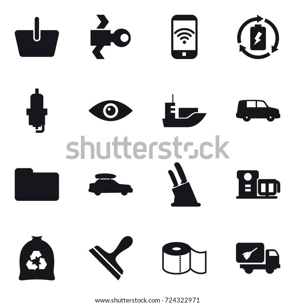 16\
vector icon set : basket, satellite, phone wireless, battery\
charge, spark plug, car baggage, knife holder, garbage bag,\
scraper, toilet paper and home call cleaning\
icons