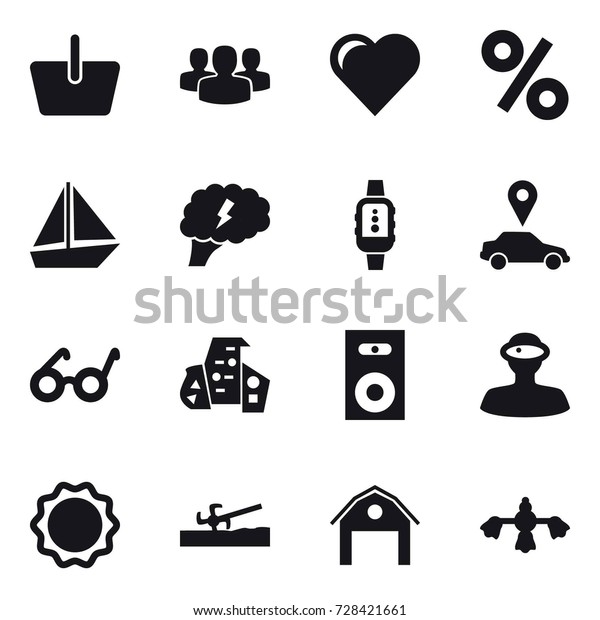 16 vector icon set :\
basket, group, heart, percent, boat, brain, smartwatch, car\
pointer, modern architecture, speaker, soil cutter, barn, hard\
reach place cleaning