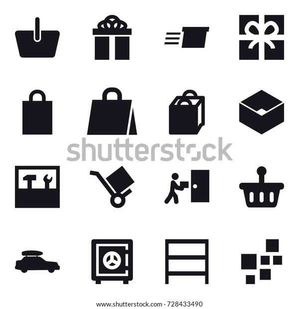 16 vector icon set : basket,\
gift, delivery, shopping bag, box, tools, car baggage, safe,\
rack