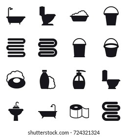 16 vector icon set : bath, toilet, washing, bucket, towels, towel, soap, shampoo, liquid soap, water tap sink, toilet paper, stack of towels