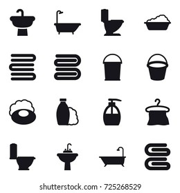 16 vector icon set : bath, toilet, washing, towels, towel, bucket, soap, shampoo, liquid soap, hanger, water tap sink, stack of towels