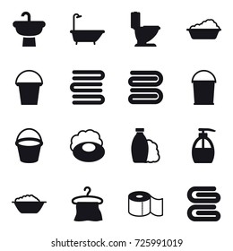 16 vector icon set : bath, toilet, washing, bucket, towels, towel, soap, shampoo, liquid soap, foam basin, hanger, toilet paper, stack of towels