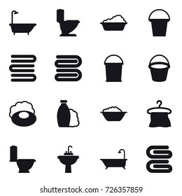 16 vector icon set : bath, toilet, washing, bucket, towels, towel, soap, shampoo, foam basin, hanger, water tap sink, stack of towels