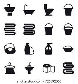 16 vector icon set : bath, toilet, bucket, towels, towel, soap, shampoo, liquid soap, foam basin, hanger, water tap sink, toilet paper, stack of towels