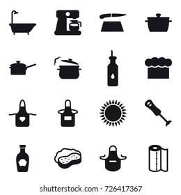 16 vector icon set : bath, coffee maker, cutting board, pan, saute pan, steam pan, chef  hat, apron, sponge with foam, paper towel