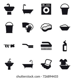 16 vector icon set : bath, washing machine, bucket, wiping, sponge with foam, foam basin, drying clothe, brush, toilet cleanser, water tap sink, floor washing, handle washing