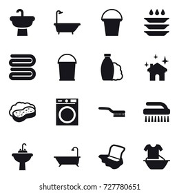 16 vector icon set : bath, bucket, plate washing, towel, shampoo, house cleaning, sponge with foam, washing machine, brush, water tap sink, floor washing, handle washing