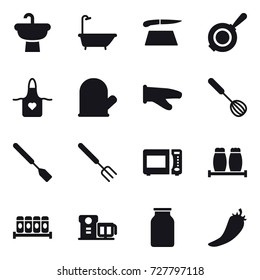 16 vector icon set : bath, cutting board, pan, apron, cook glove, whisk, spatula, big fork, hot pepper