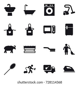 16 vector icon set : bath, washing machine, vacuum cleaner, apron, sheep, sponge, brush, brooming, duster, home call cleaning, iron